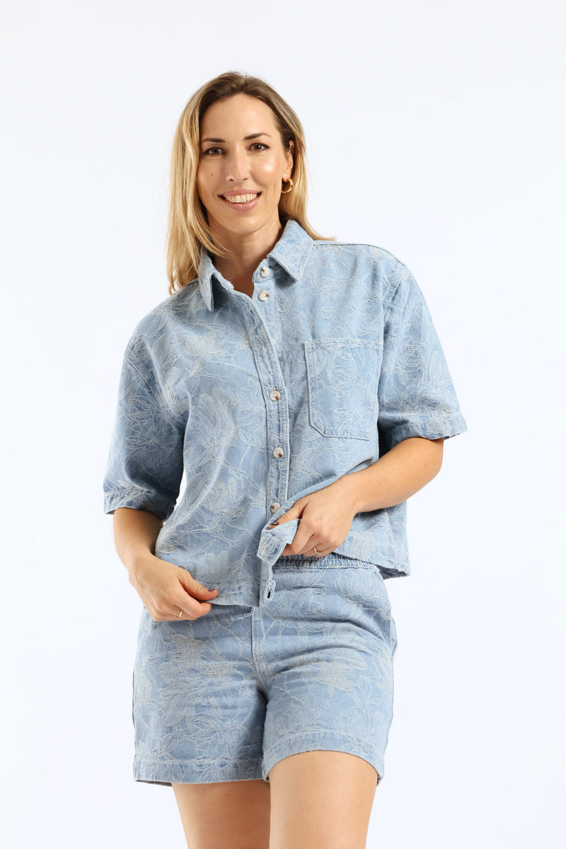 Jacquard Floral Denim Boxy Shirt - Light Wash
