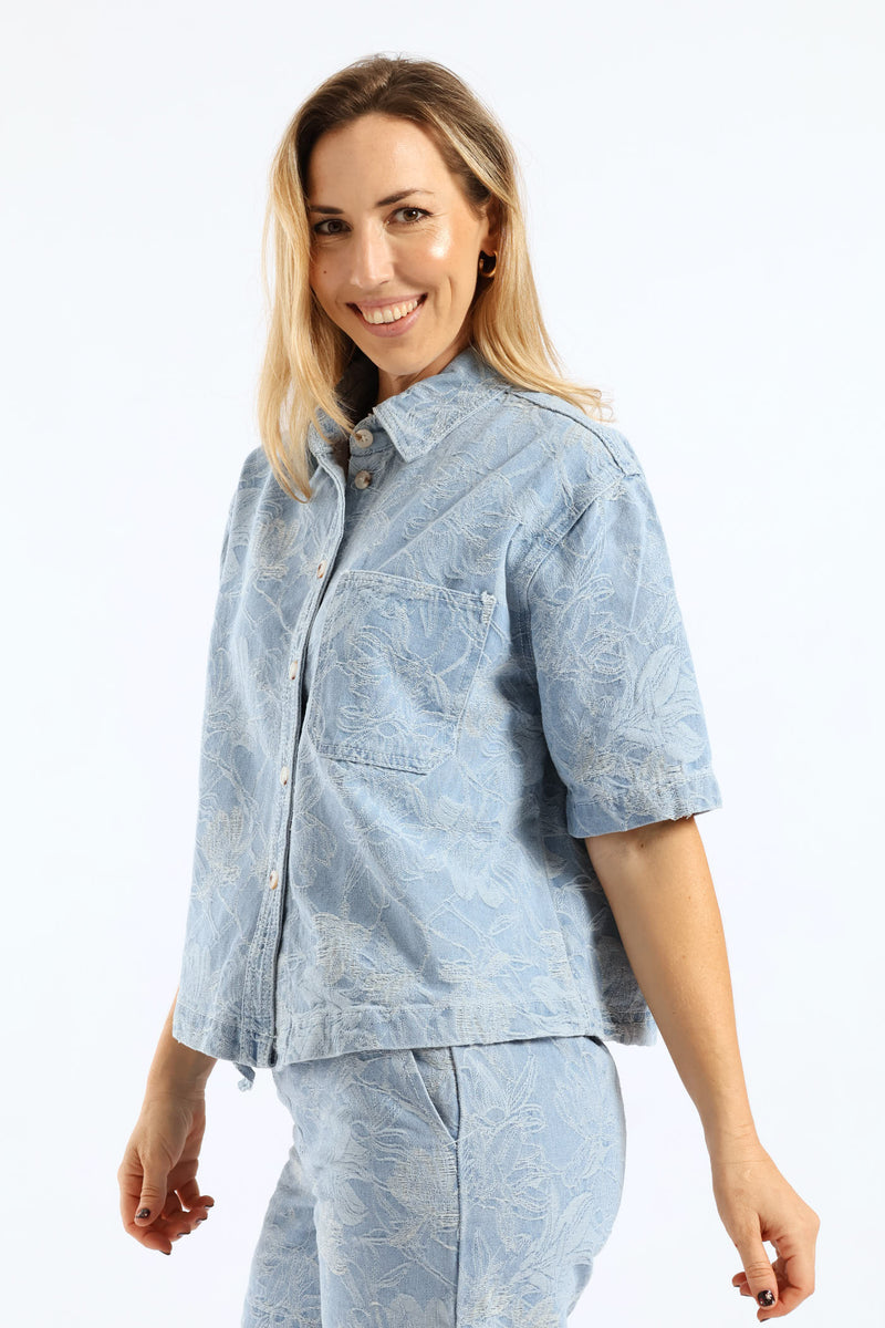 Jacquard Floral Denim Boxy Shirt - Light Wash