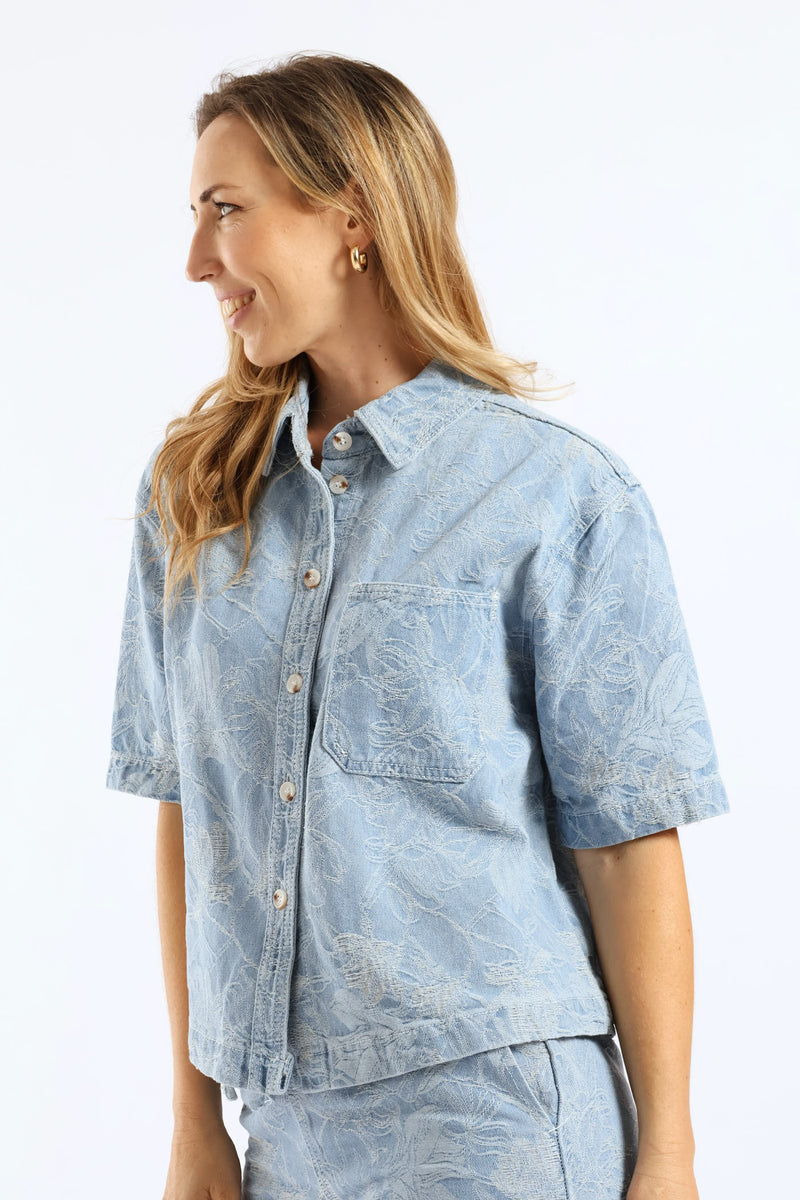 Jacquard Floral Denim Boxy Shirt - Light Wash