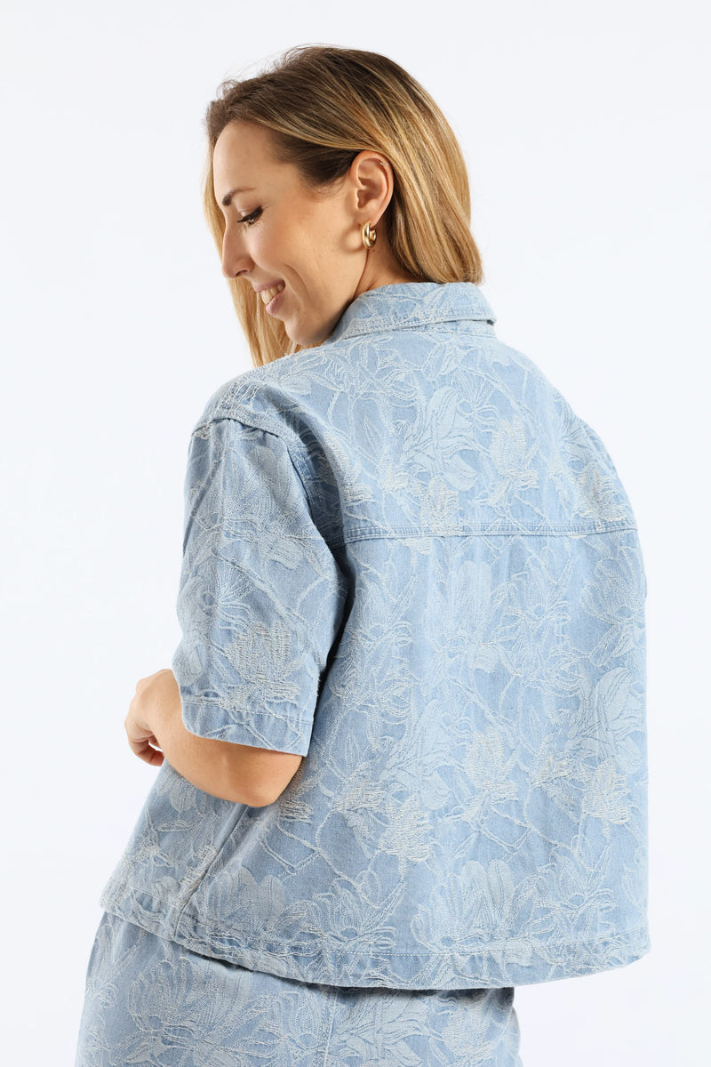 Jacquard Floral Denim Boxy Shirt - Light Wash