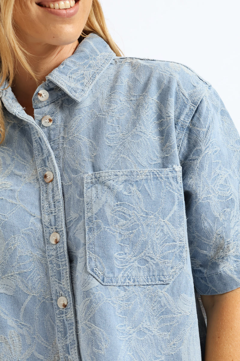 Jacquard Floral Denim Boxy Shirt - Light Wash
