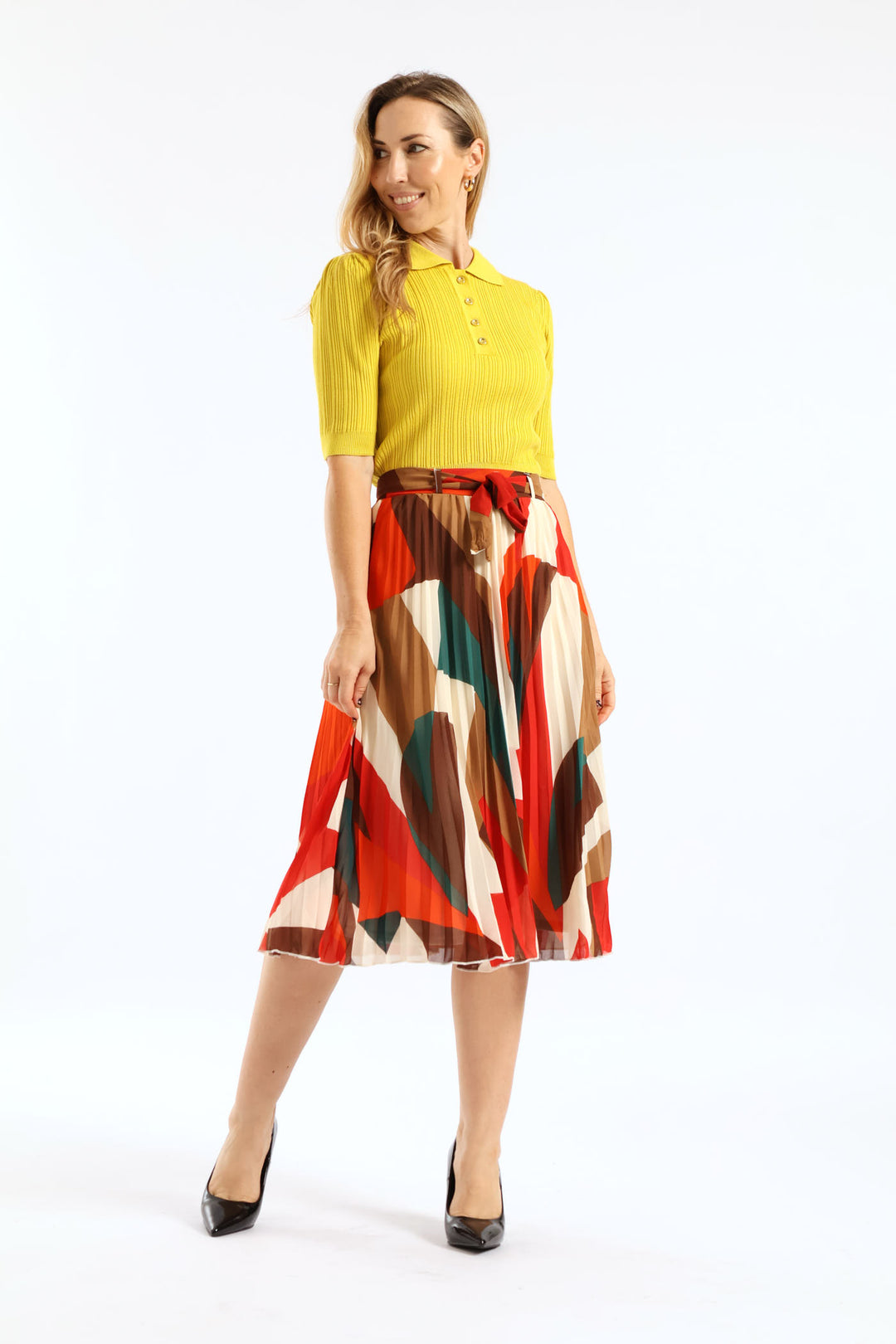 Belted Chiffon Pleated Midi Skirt - Multi