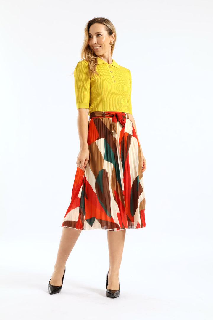 Belted Chiffon Pleated Midi Skirt - Multi