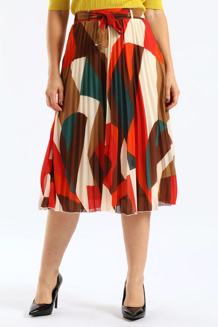 Belted Chiffon Pleated Midi Skirt - Multi