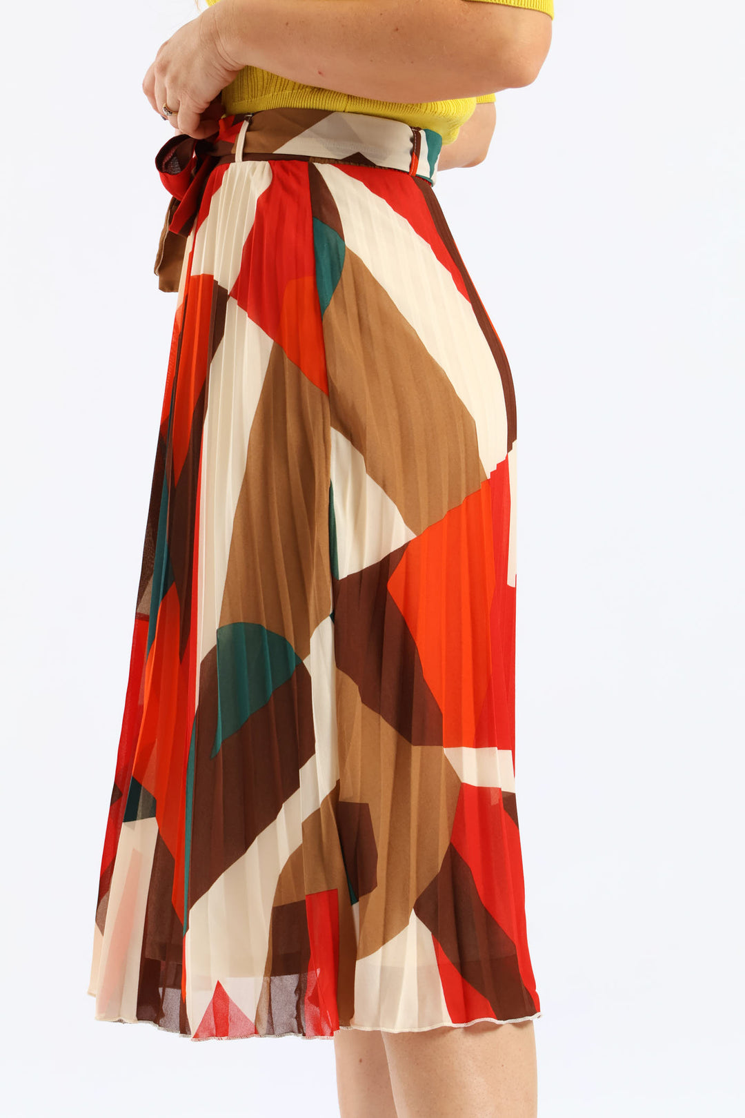 Belted Chiffon Pleated Midi Skirt - Multi