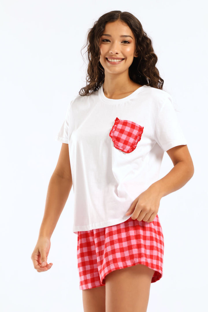 Check Knit Top & Woven Short Set - White