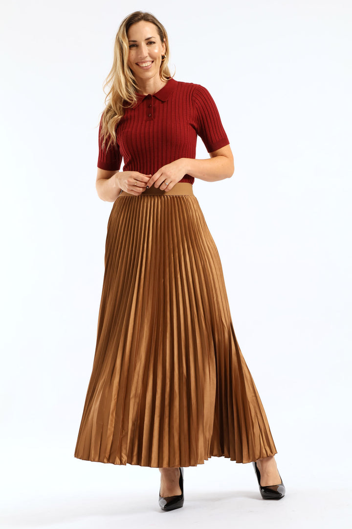 Pleated Satin Maxi Skirt - Brown