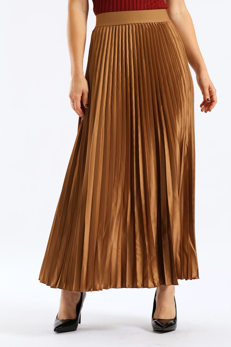 Pleated Satin Maxi Skirt - Brown