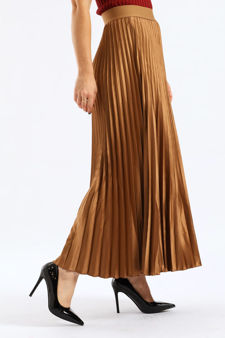 Pleated Satin Maxi Skirt - Brown