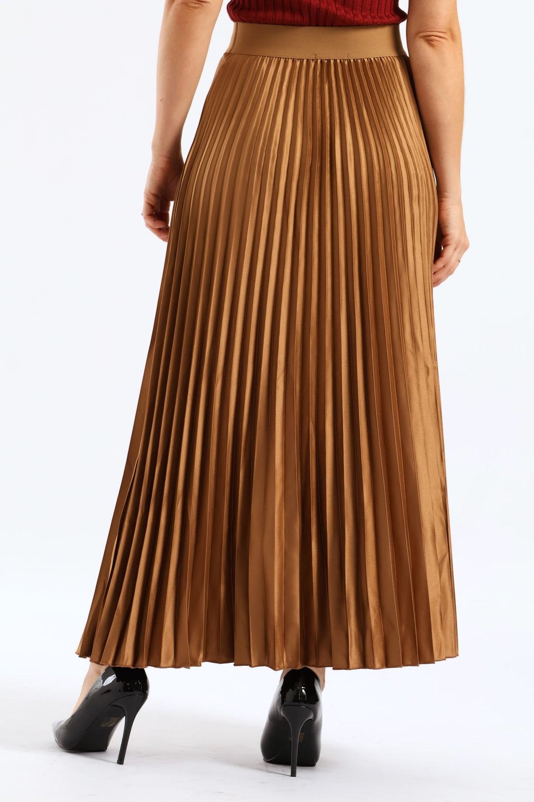 Pleated Satin Maxi Skirt - Brown