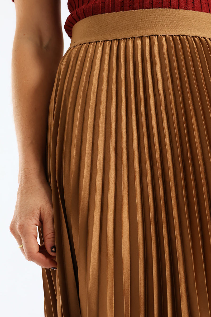 Pleated Satin Maxi Skirt - Brown