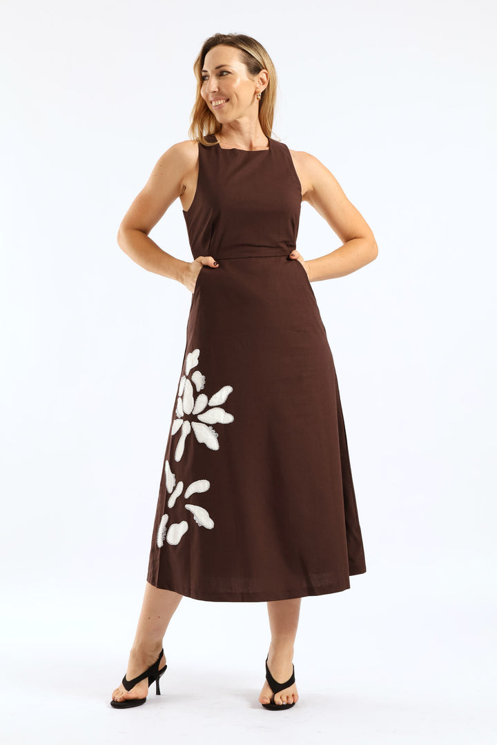 Cross Back Beaded Applique Midi Pinafore Dress - Dark Chocolate
