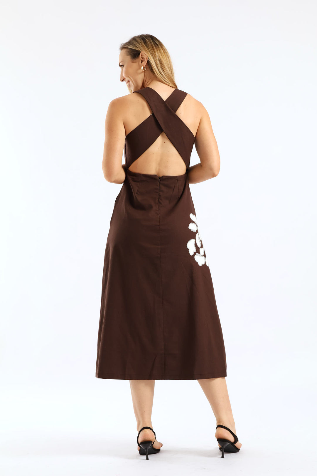 Cross Back Beaded Applique Midi Pinafore Dress - Dark Chocolate