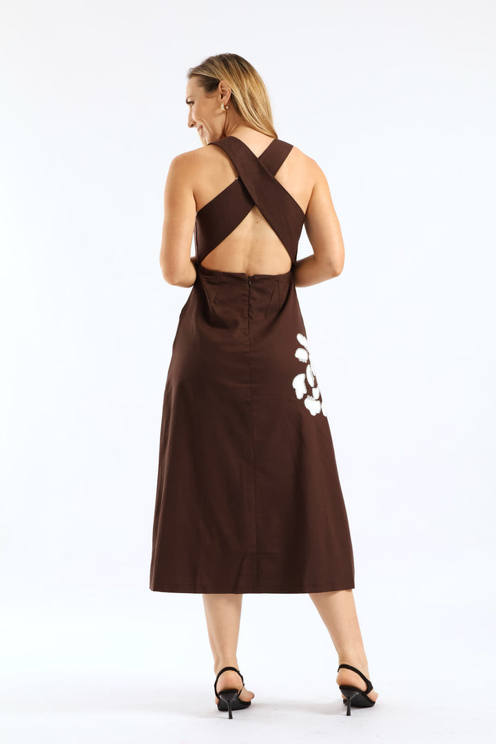 Cross Back Beaded Applique Midi Pinafore Dress - Dark Chocolate