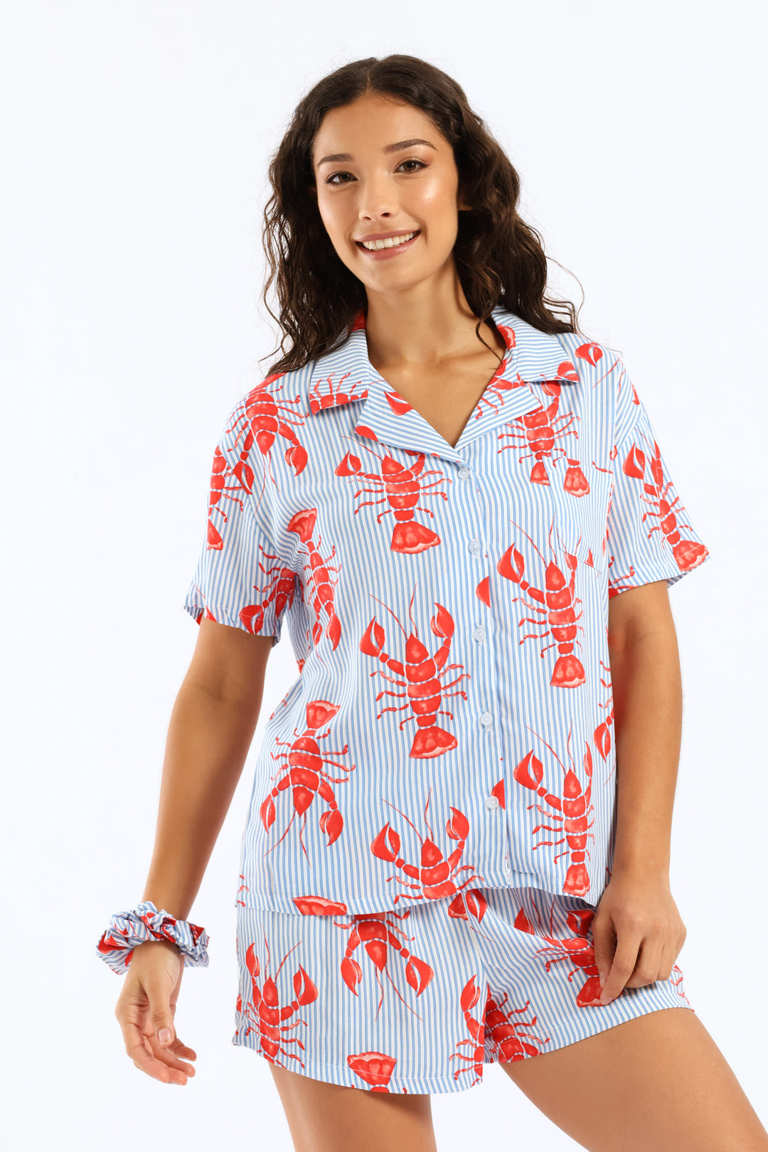 Lobster Button Through Woven Viscose Short Set - White/Blue