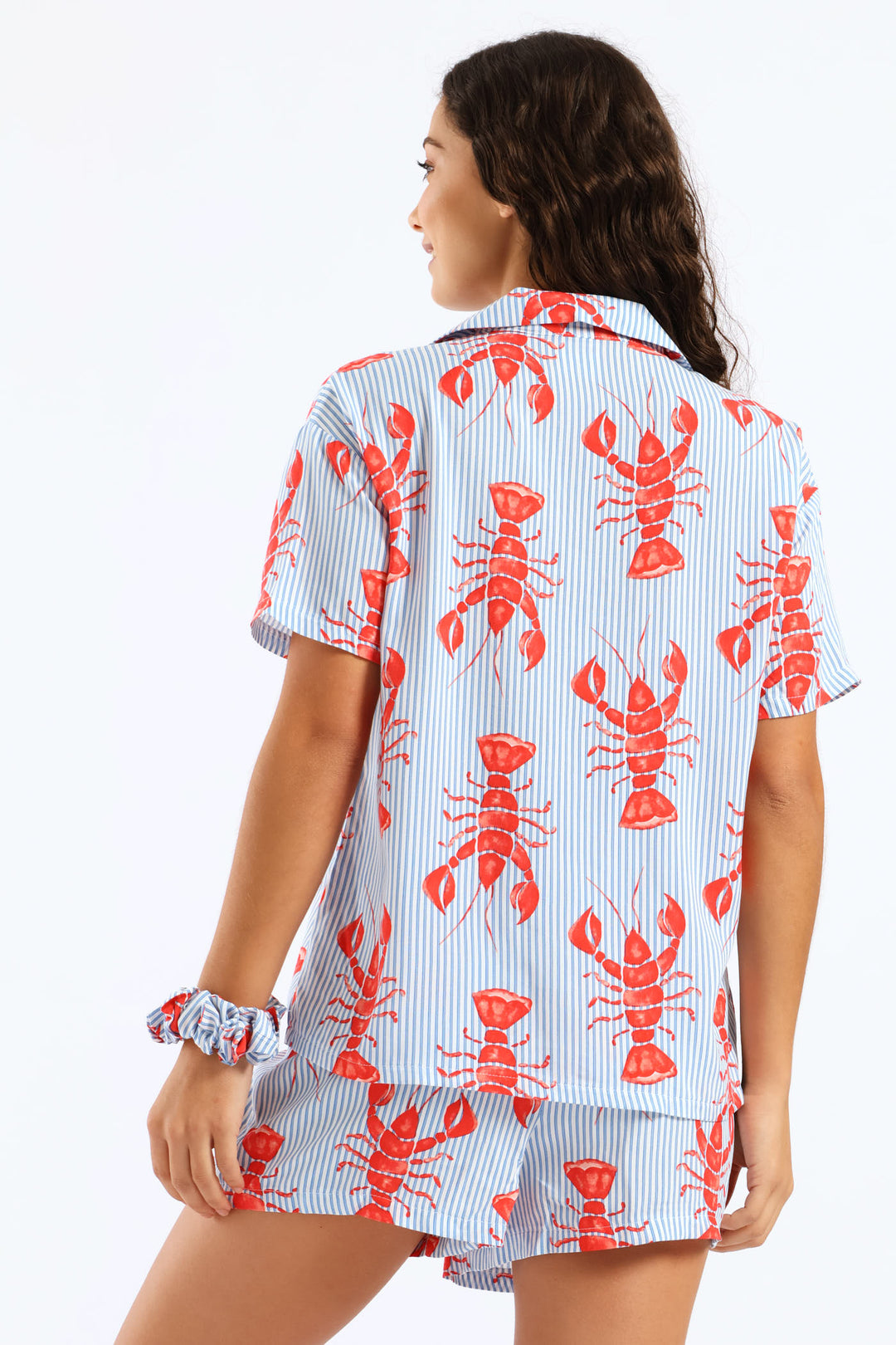 Lobster Button Through Woven Viscose Short Set - White/Blue