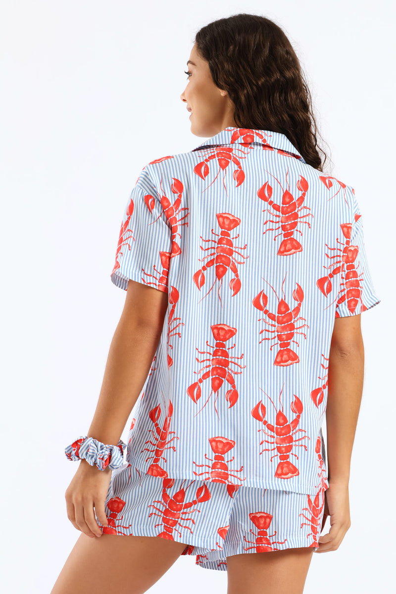 Lobster Button Through Woven Viscose Short Set - White/Blue