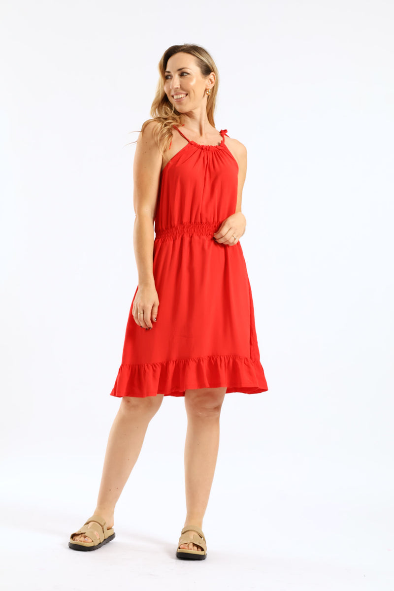 Strappy Shirred Waist Mini Dress - Bright Red