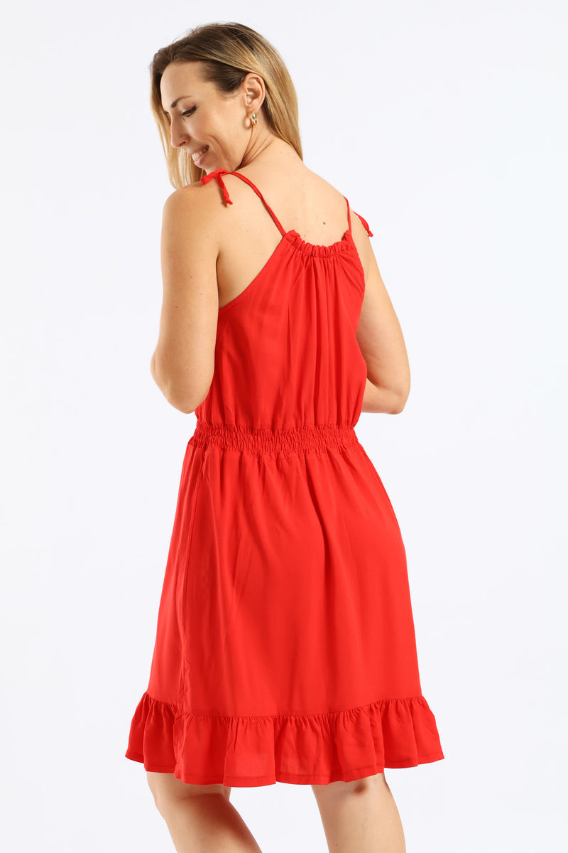 Strappy Shirred Waist Mini Dress - Bright Red