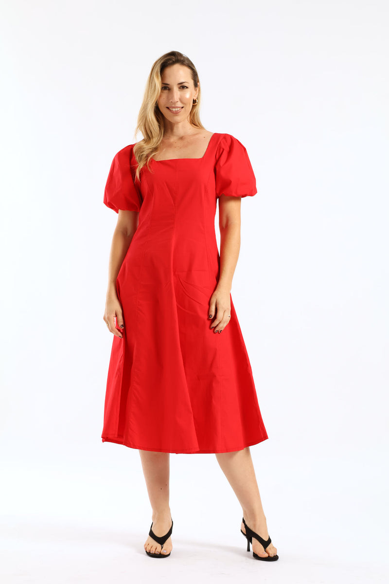 Bubble Sleeve Square Neck Panelled Midaxi Dress - Red