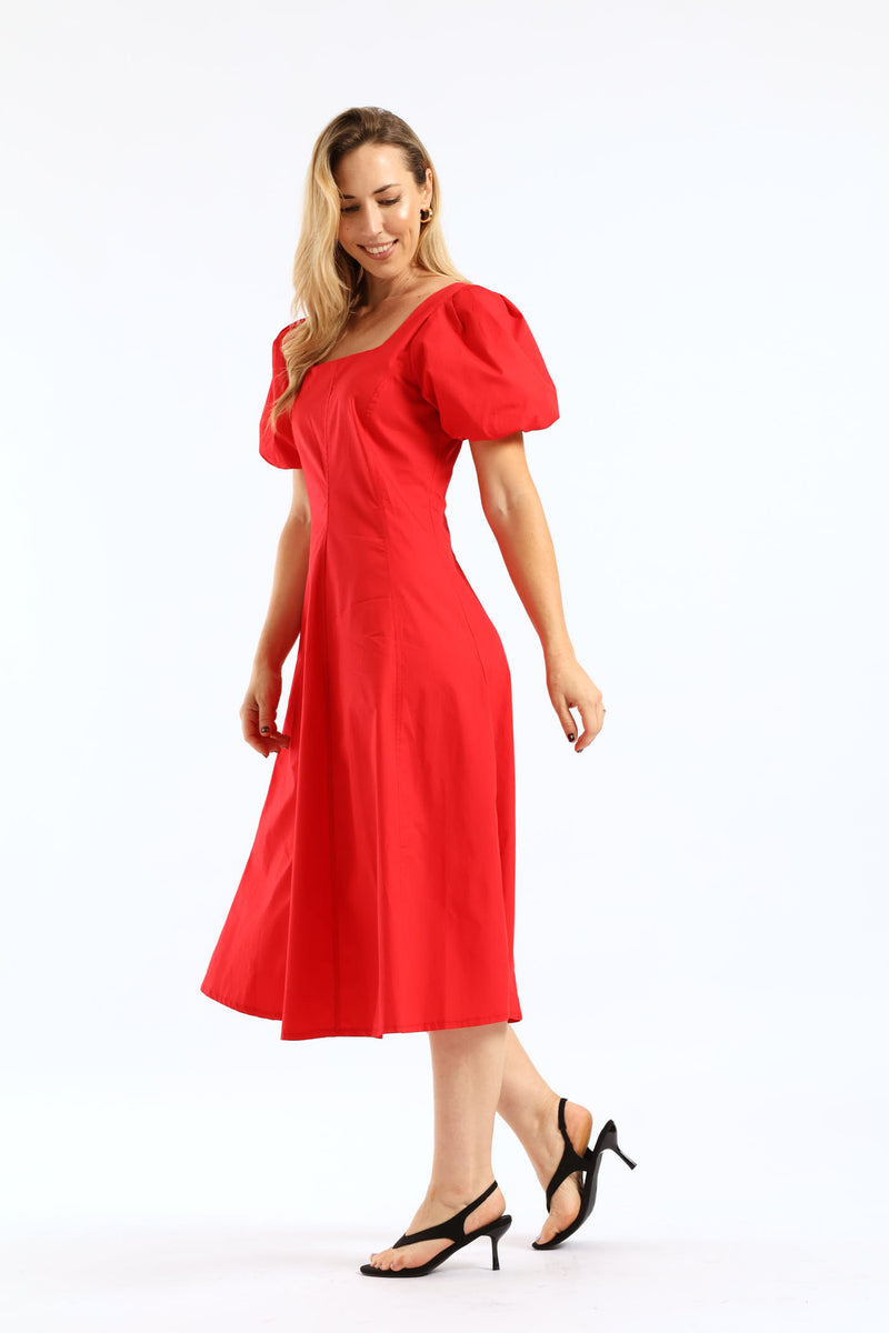 Bubble Sleeve Square Neck Panelled Midaxi Dress - Red