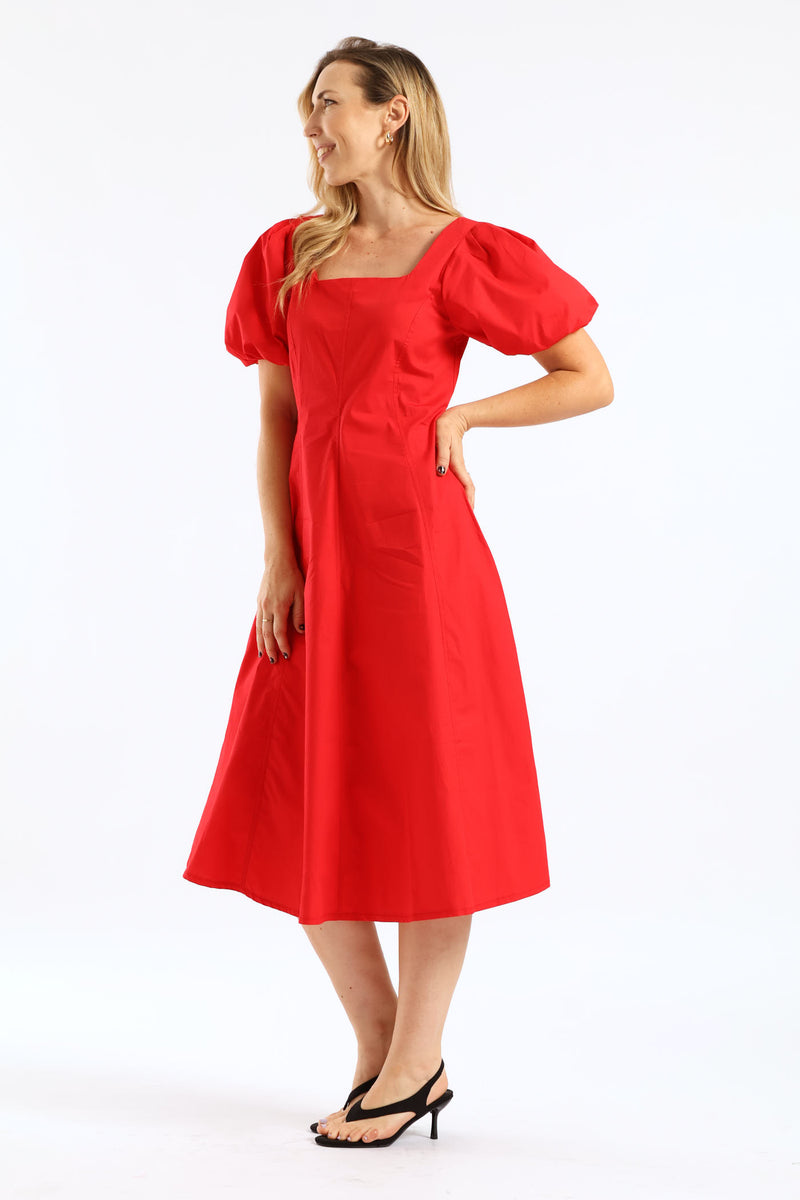 Bubble Sleeve Square Neck Panelled Midaxi Dress - Red
