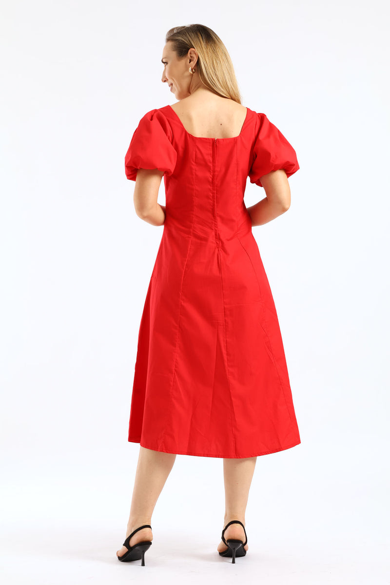 Bubble Sleeve Square Neck Panelled Midaxi Dress - Red