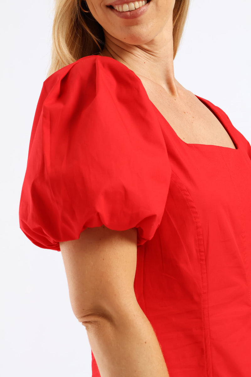 Bubble Sleeve Square Neck Panelled Midaxi Dress - Red