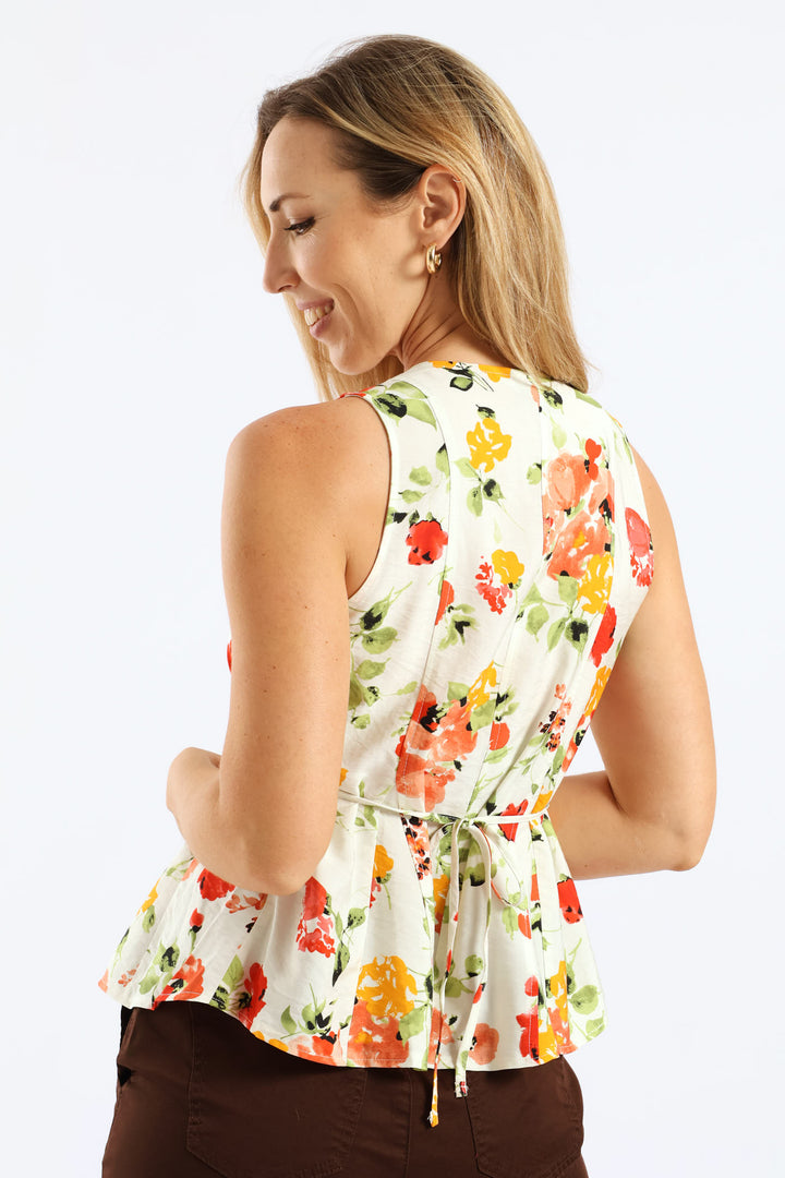 V-Neck Button Through Tie-Back Fit & Flare Godet Top - Multi