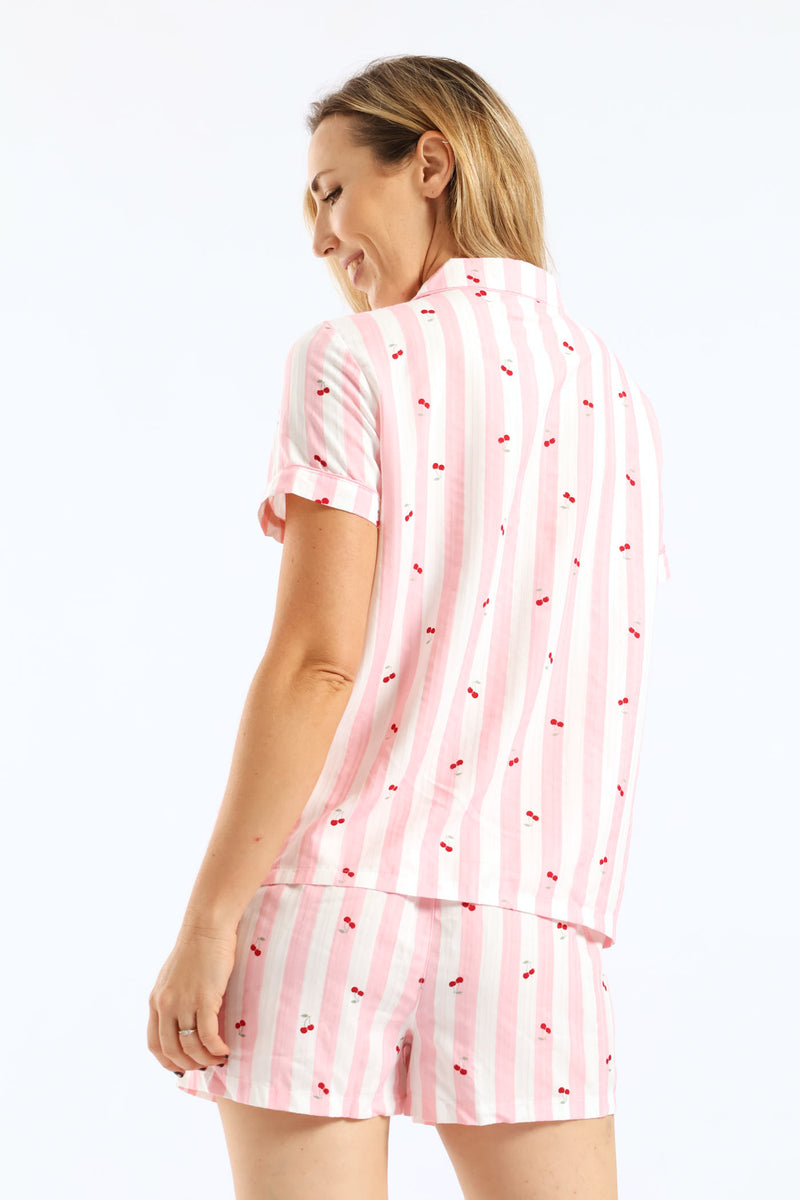 Cherry Stripe Button Through & Woven Short Set - White/Pink