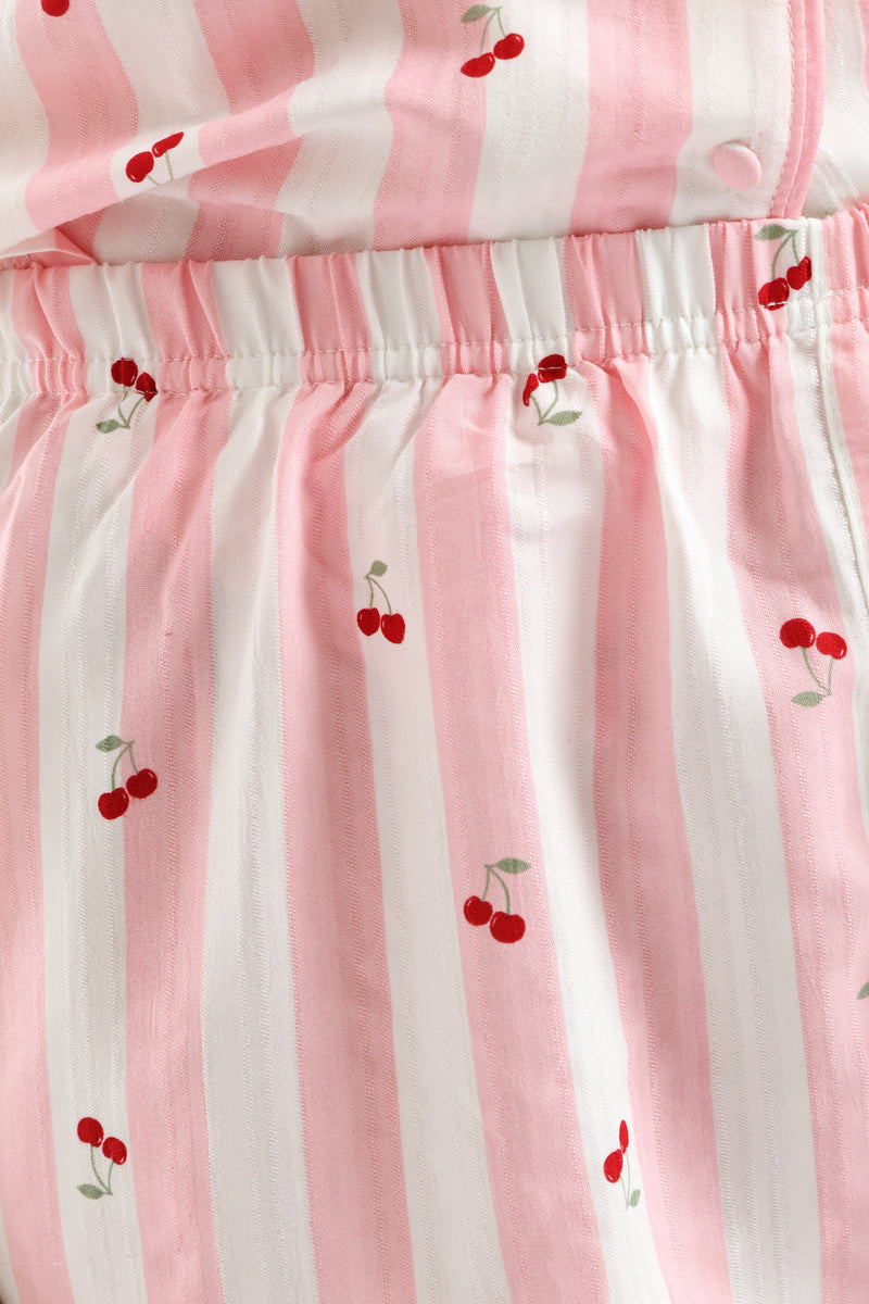 Cherry Stripe Button Through & Woven Short Set - White/Pink