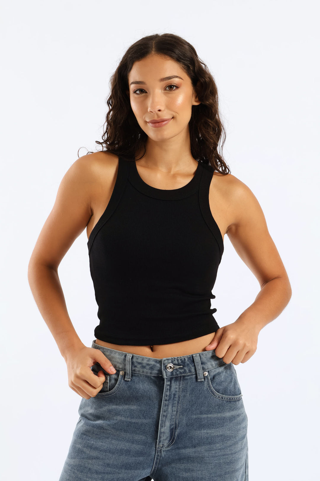 Plain Rib Racer Tank - Black