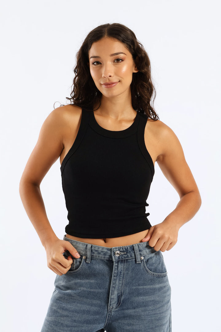 Plain Rib Racer Tank - Black