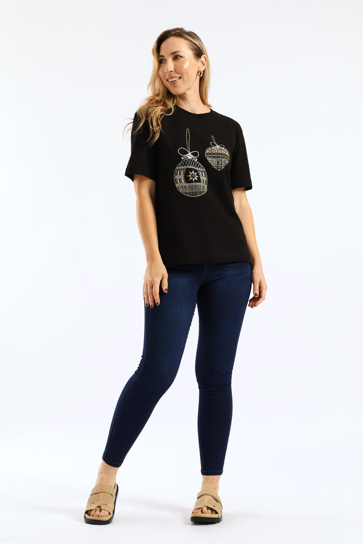 Embroidered Xmas Baubles Tee - Black