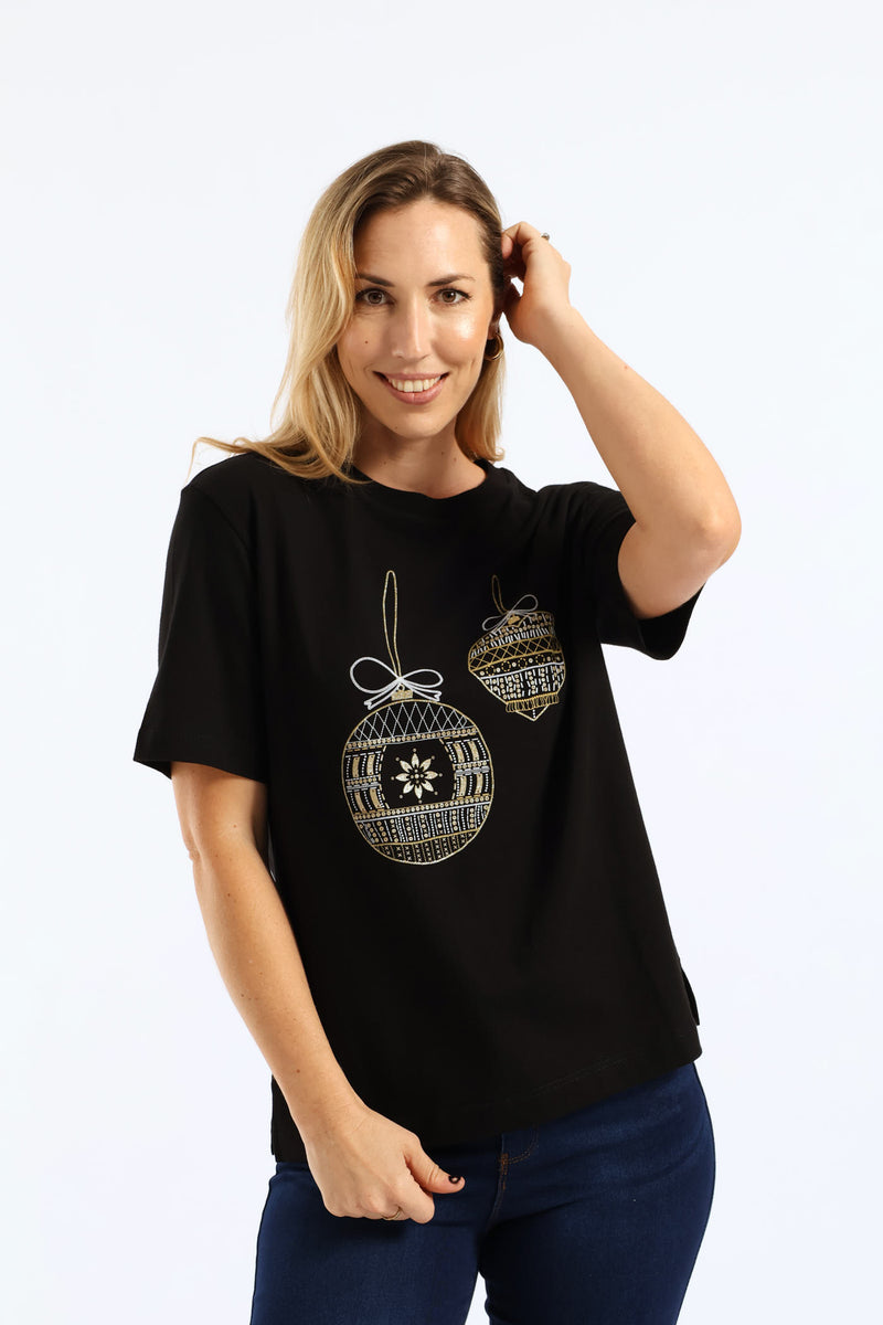 Embroidered Xmas Baubles Tee - Black