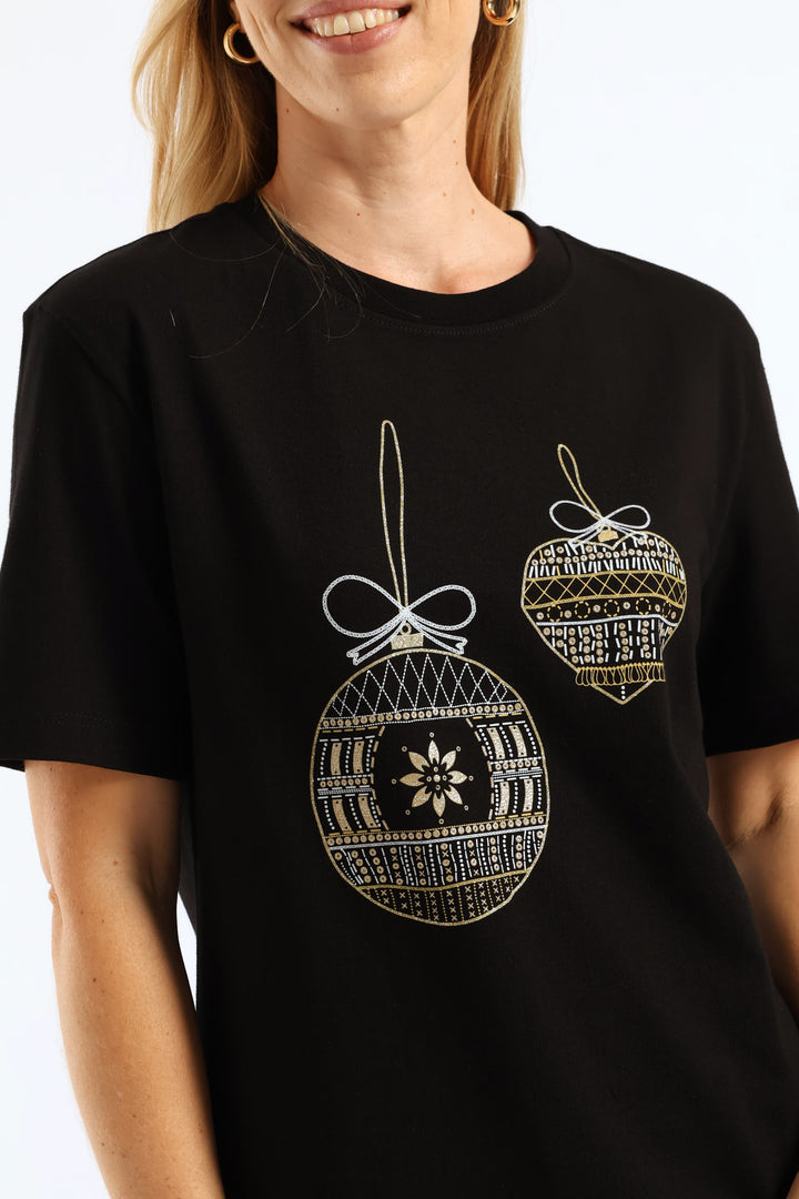 Embroidered Xmas Baubles Tee - Black