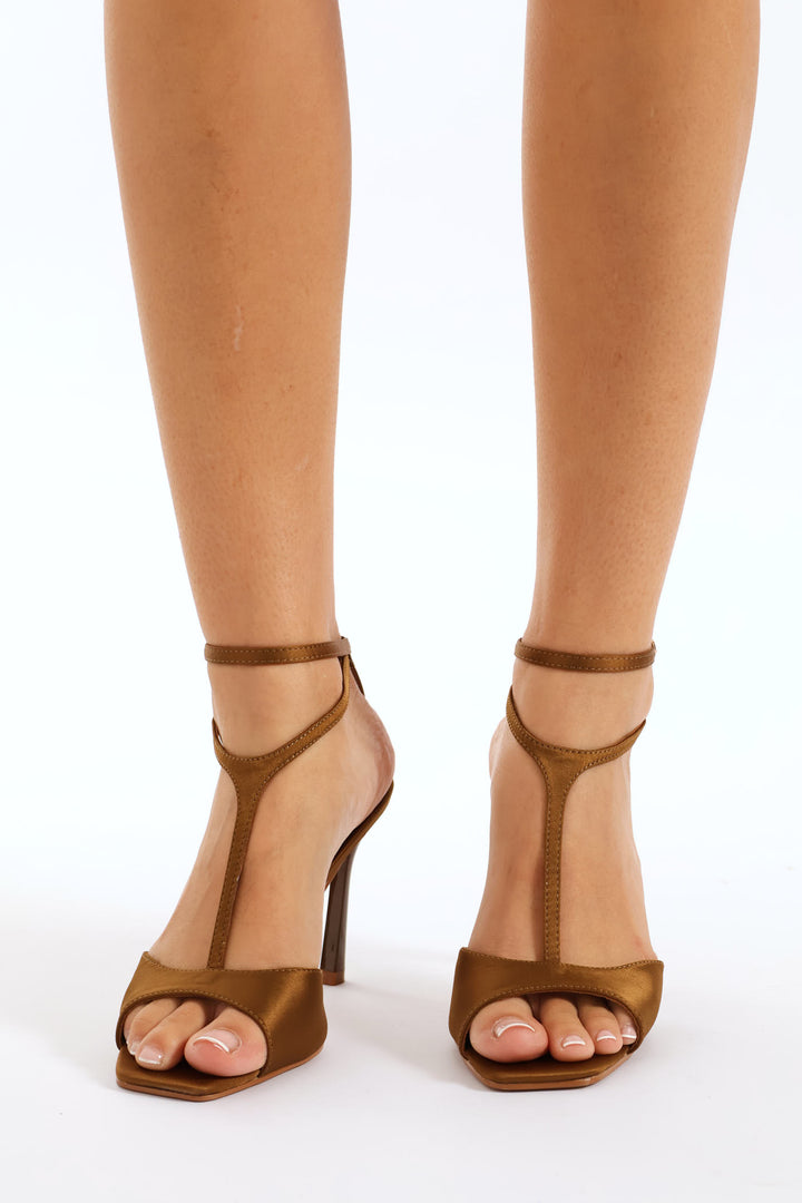 Peep Toe T Bar Mule Stiletto Sandal - Caramel