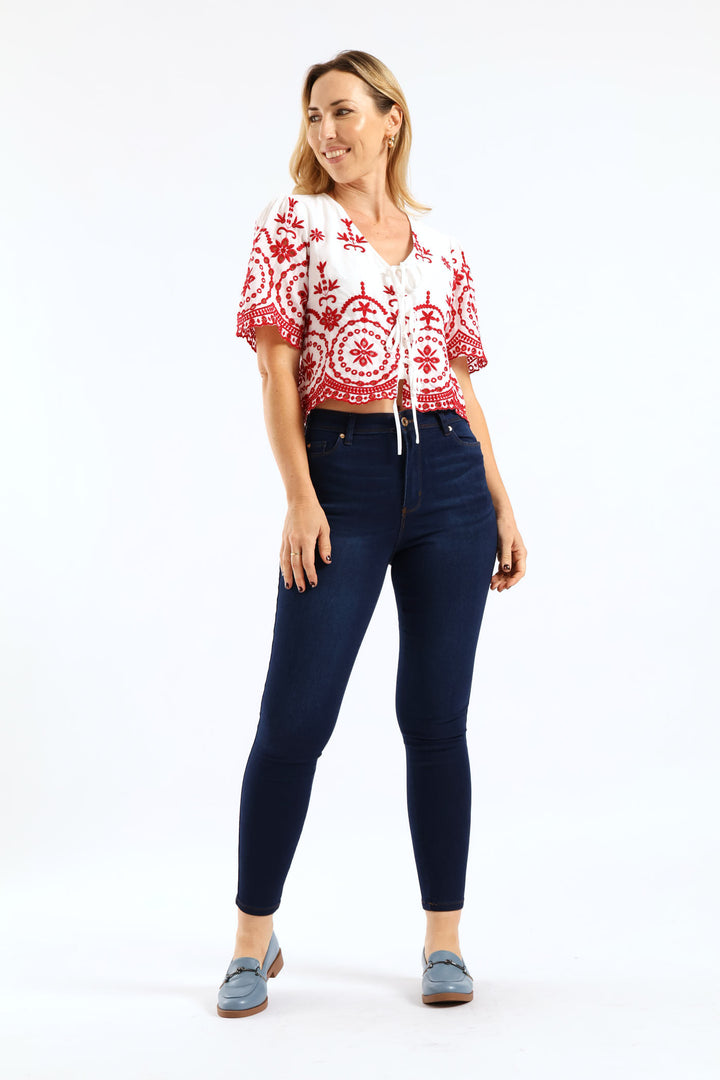 Tie Front Embroidered Anglaise Top - White/Red
