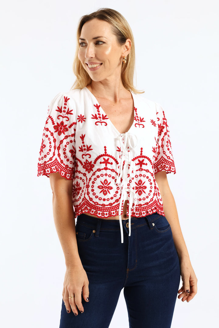 Tie Front Embroidered Anglaise Top - White/Red