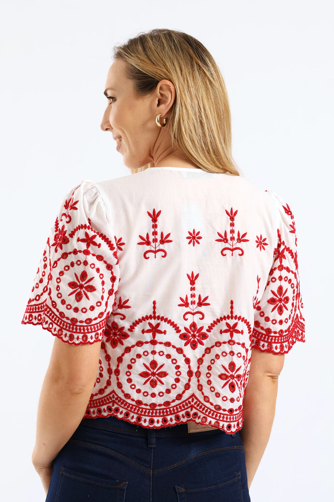 Tie Front Embroidered Anglaise Top - White/Red