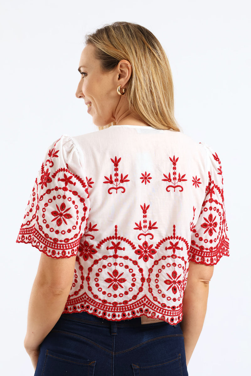 Tie Front Embroidered Anglaise Top - White/Red