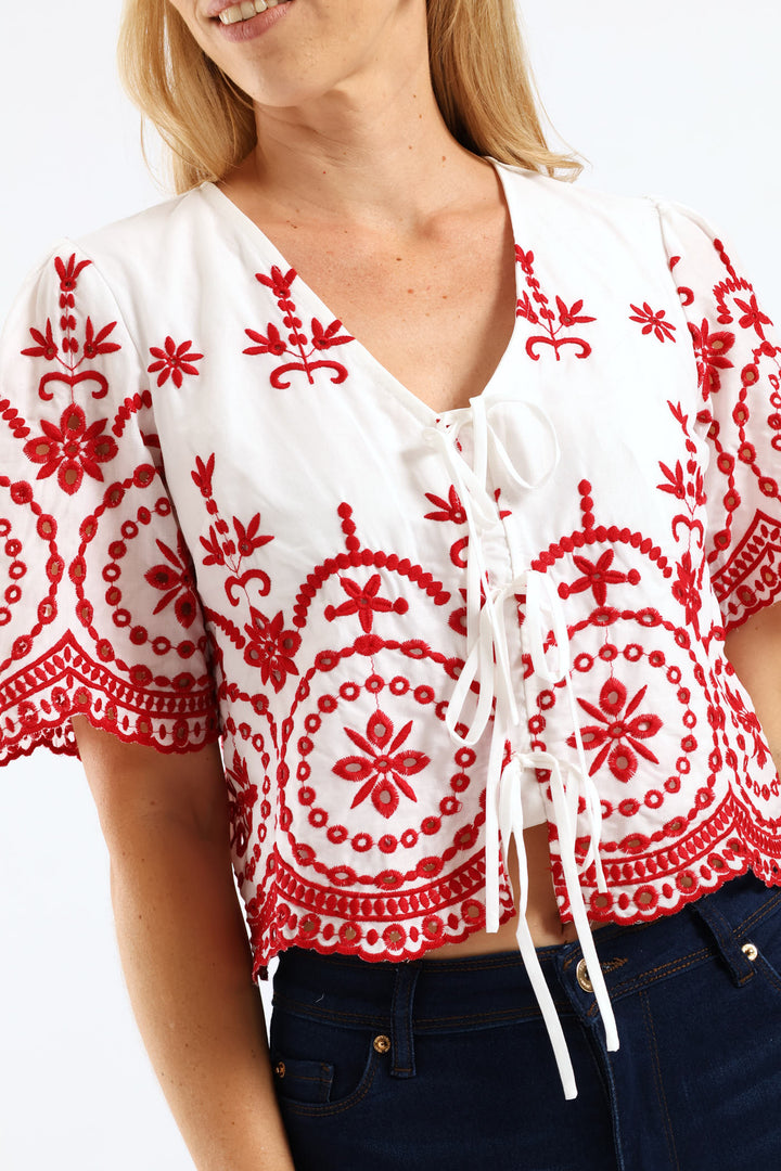 Tie Front Embroidered Anglaise Top - White/Red