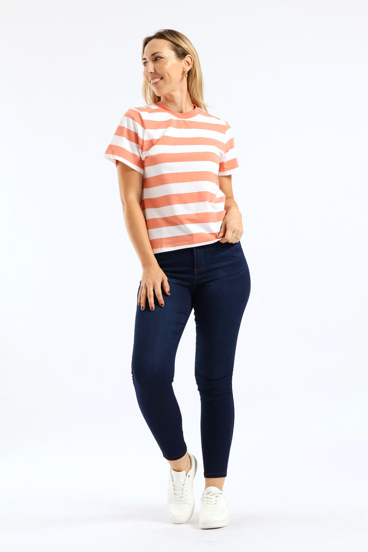 Rib Neck Wide Stripe Boxy Tee - Dark Coral