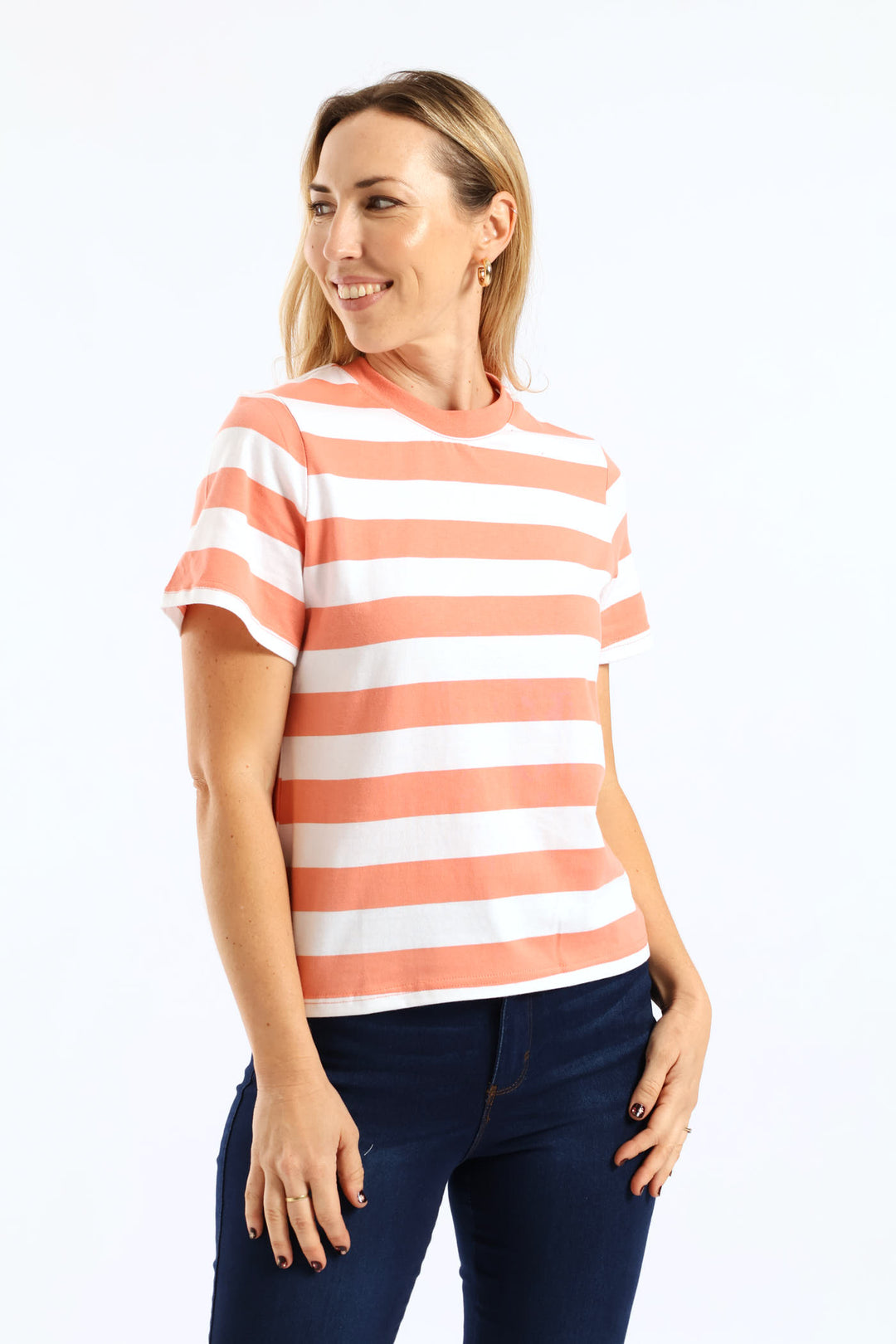 Rib Neck Wide Stripe Boxy Tee - Dark Coral