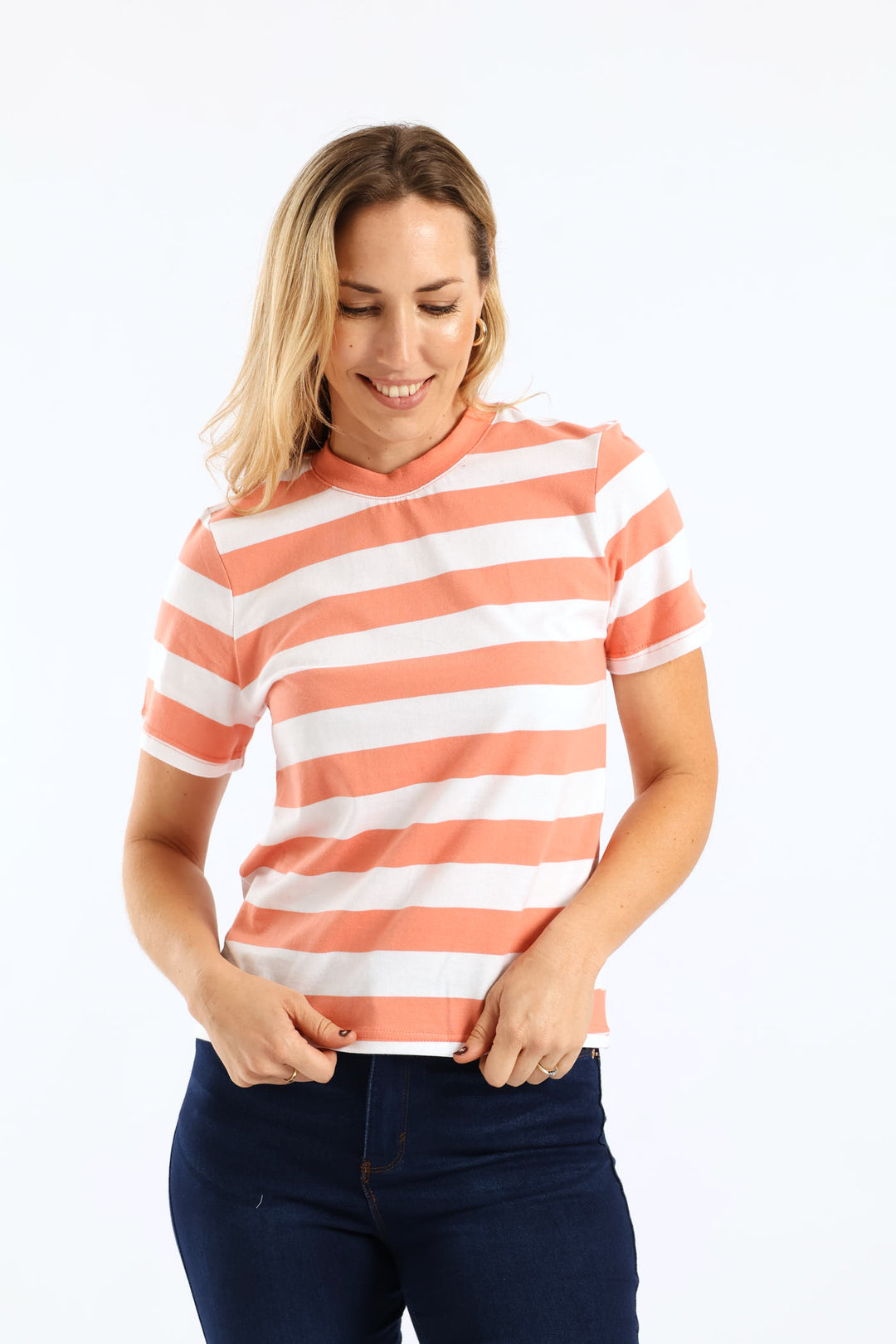 Rib Neck Wide Stripe Boxy Tee - Dark Coral