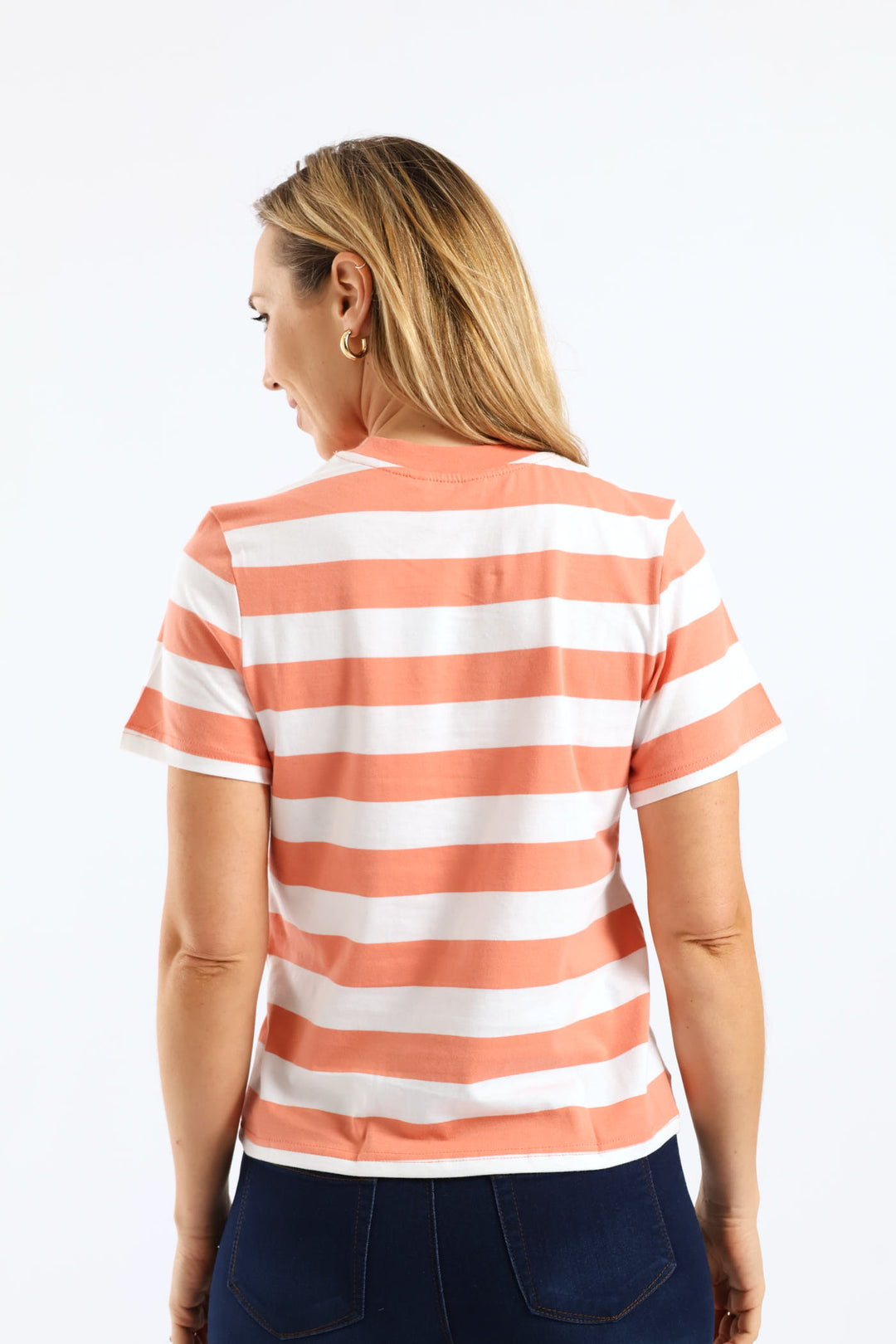Rib Neck Wide Stripe Boxy Tee - Dark Coral