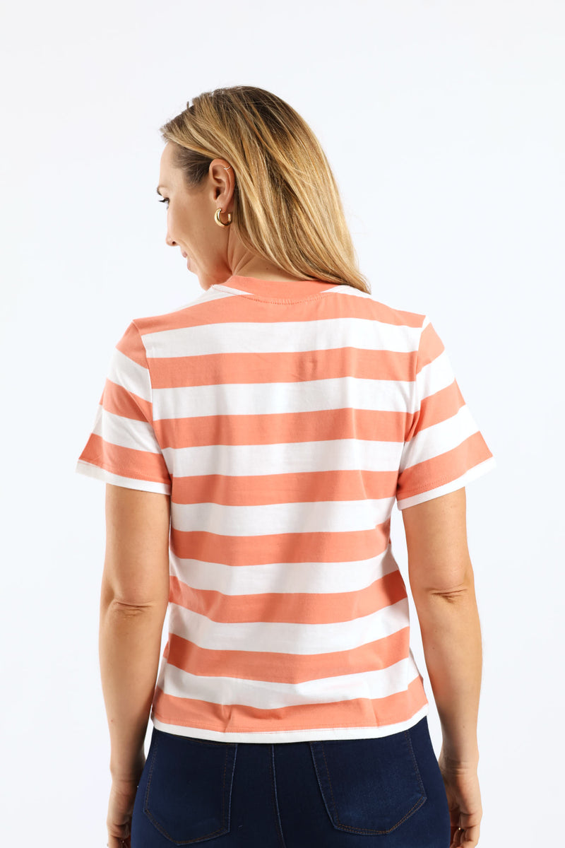 Rib Neck Wide Stripe Boxy Tee - Dark Coral