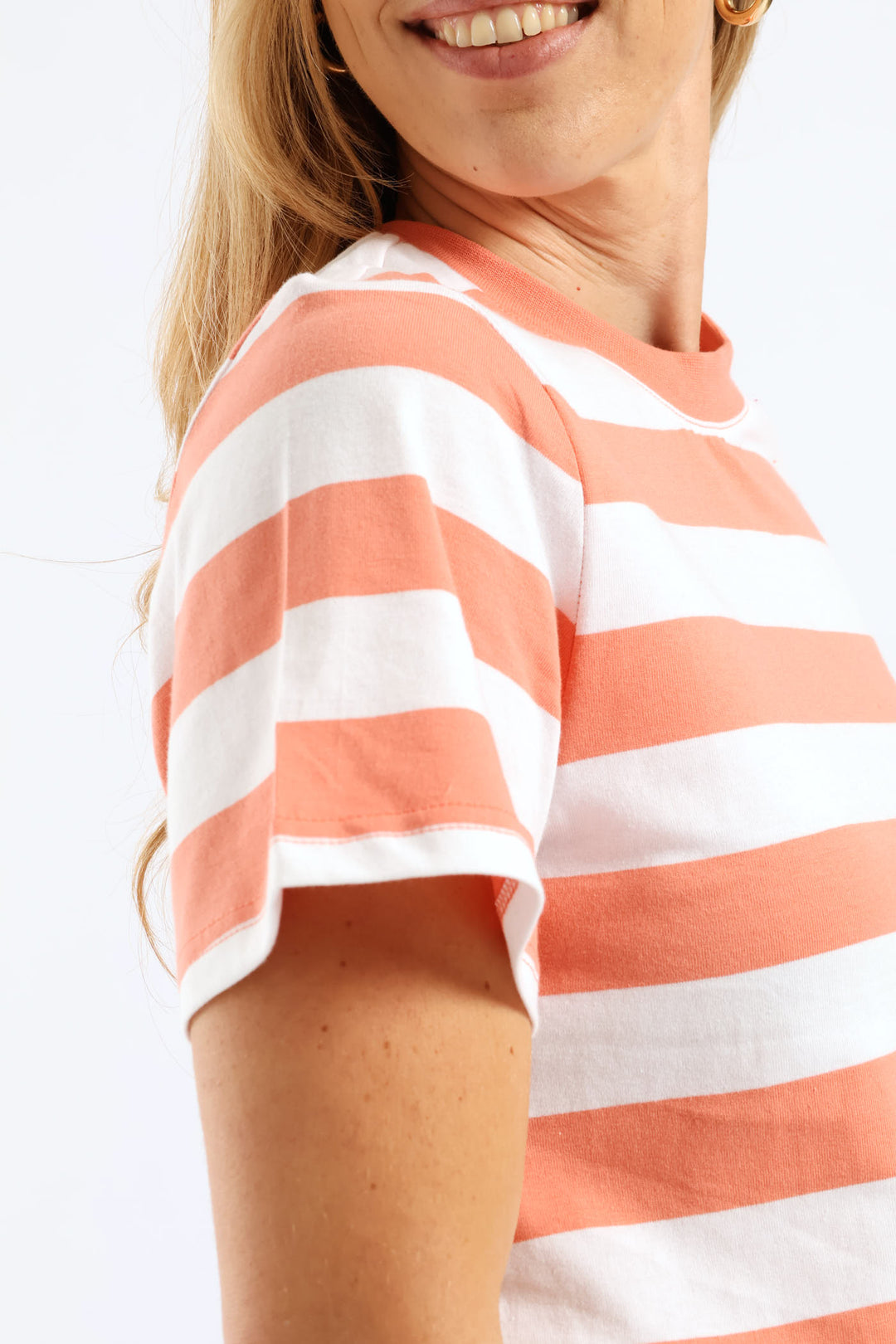 Rib Neck Wide Stripe Boxy Tee - Dark Coral