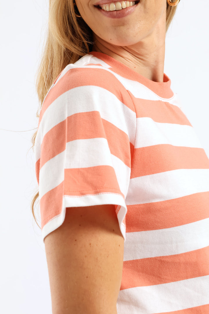 Rib Neck Wide Stripe Boxy Tee - Dark Coral