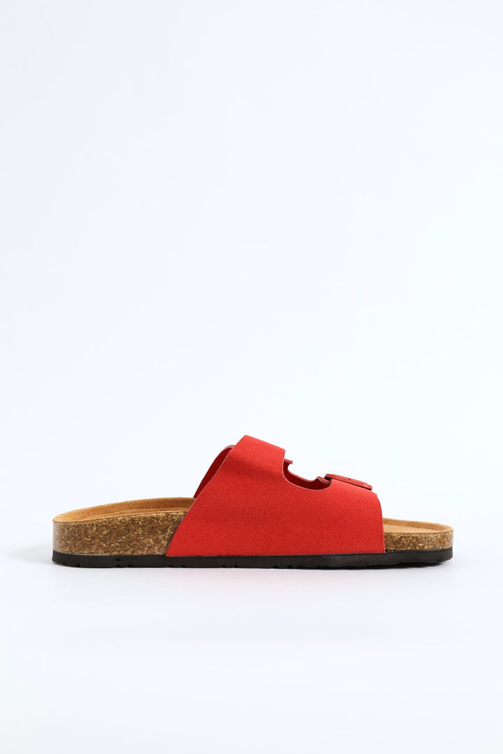 Double Band Slide Sandal With Monotone Buckles - Red